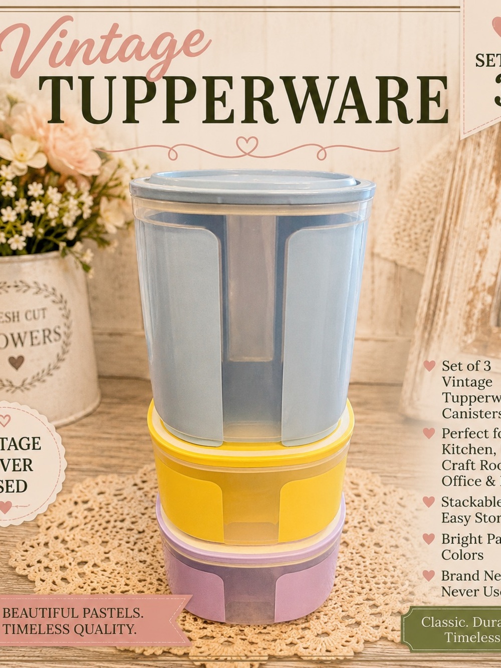 Tupperware Pastel Stackable Canister Set - Blue, Yellow, Purple